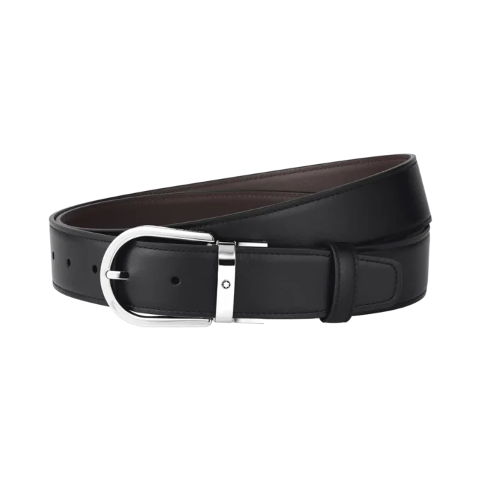 Cinturón de cuero negro/marrón claro de 35 mm con hebilla Horseshoe