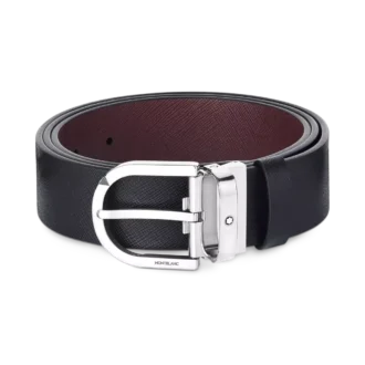 Cinturón de cuero reversible con hebilla Horseshoe estampada en negro/mosto de 35 mm