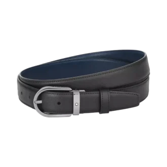 Cinturón de cuero reversible negro/azul de 30 mm con hebilla en forma de herradura