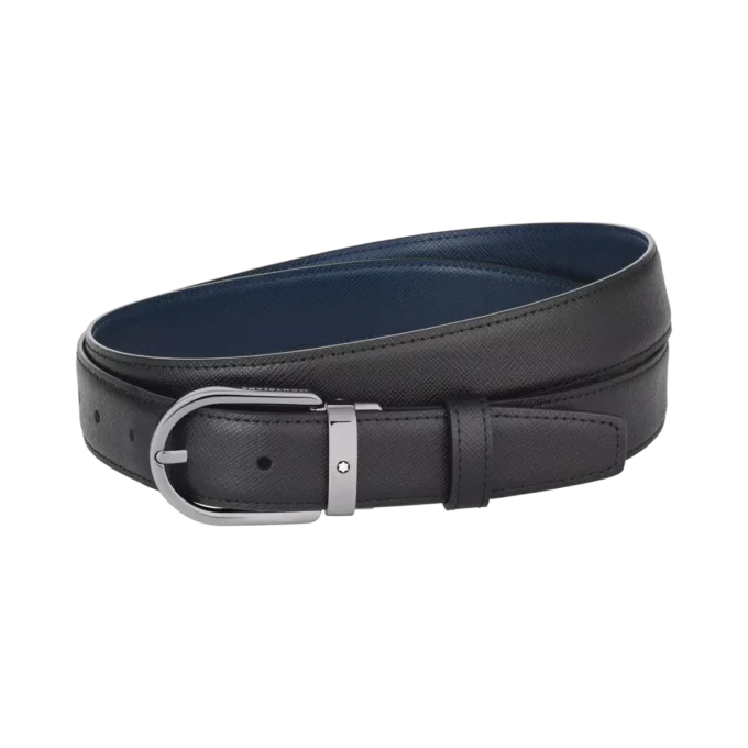 Cinturón de cuero reversible negro/azul de 30 mm con hebilla en forma de herradura