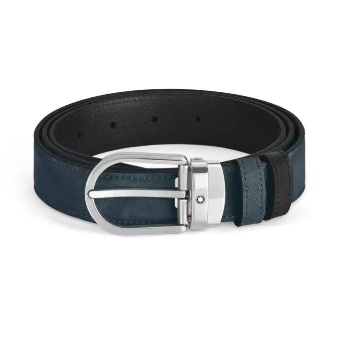 Cinturón reversible de cuero azul terciopelo/negro de 30 mm con hebilla en forma de herradura