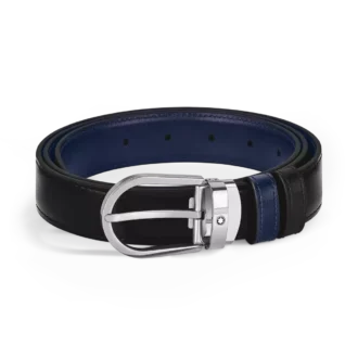 Cinturón reversible de cuero negro/azul tinta de 30 mm con hebilla en forma de herradura