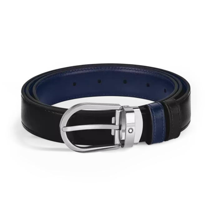 Cinturón reversible de cuero negro/azul tinta de 30 mm con hebilla en forma de herradura