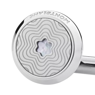 Gemelos redondos de acero inoxidable con diseño de estrellas explosivas y emblema de copa de nieve de nácar.