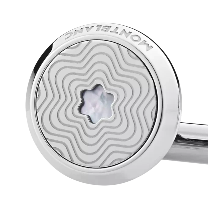 Gemelos redondos de acero inoxidable con diseño de estrellas explosivas y emblema de copa de nieve de nácar.
