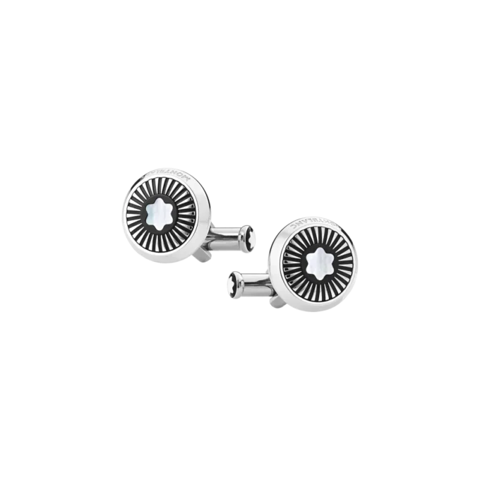 Gemelos redondos de acero inoxidable con diseño de rayos y emblema de nieve de nácar