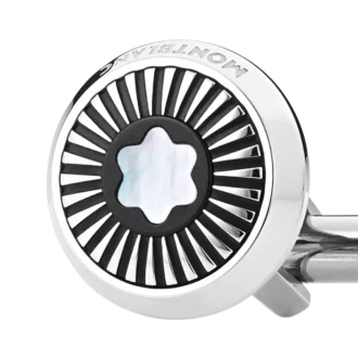 Gemelos redondos de acero inoxidable con diseño de rayos y emblema de nieve de nácar