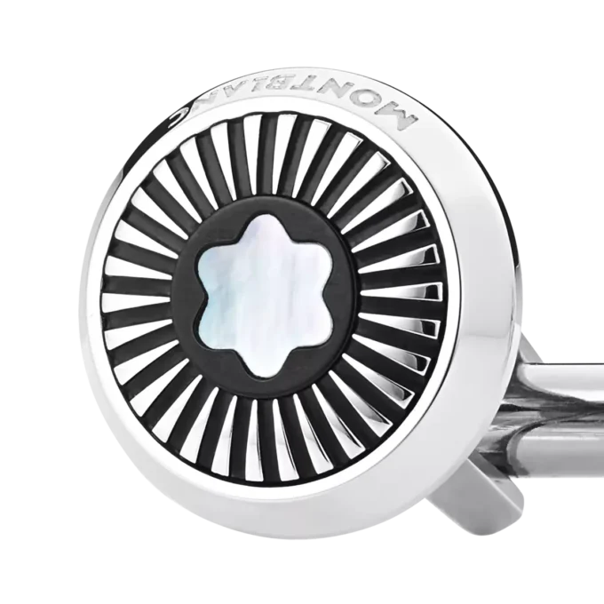 Gemelos redondos de acero inoxidable con diseño de rayos y emblema de nieve de nácar