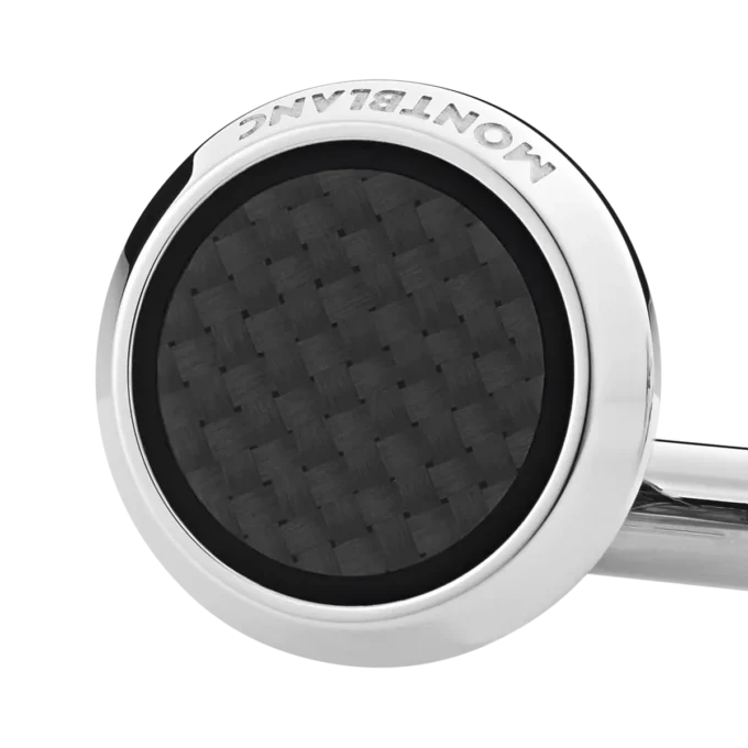 Gemelos redondos de acero inoxidable con incrustaciones con diseño de carbono. Gemelos redondos de acero inoxidable con incrustaciones con diseño de carbono.