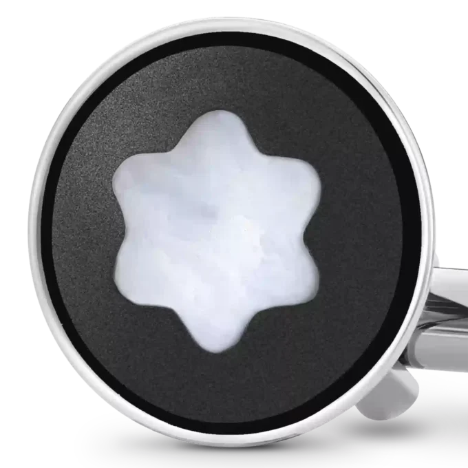 Gemelos redondos de acero inoxidable con incrustaciones de PVD negro y emblema de copa de nieve de nácar.