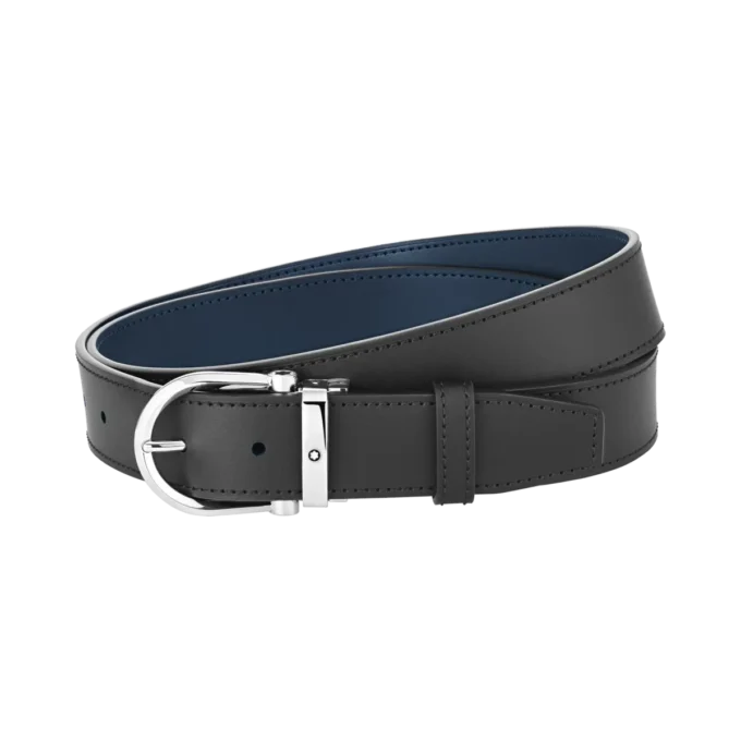 Hebilla de herradura negra/azul Cinturón de cuero reversible de 35 mm