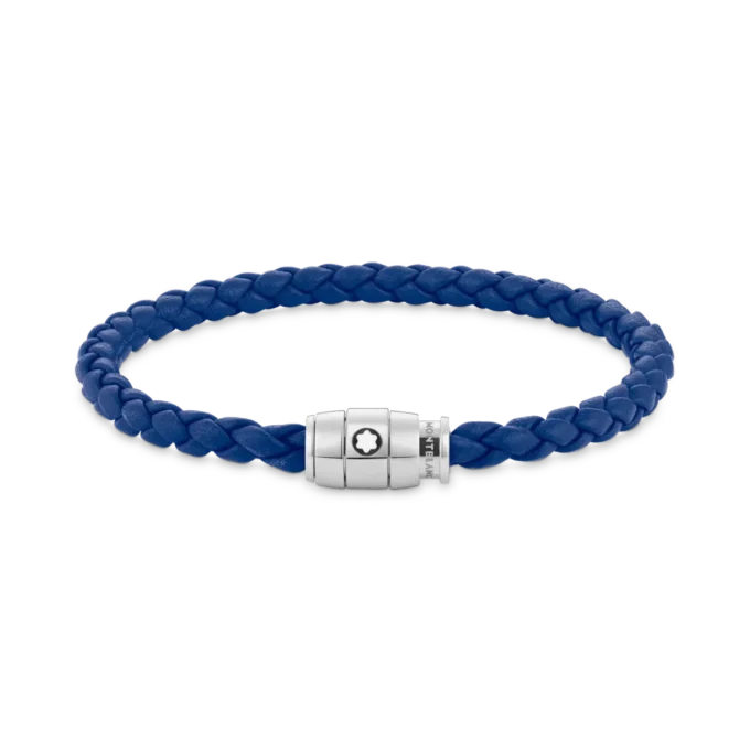 Pulsera de acero con cierre de 3 anillas y cuero azul